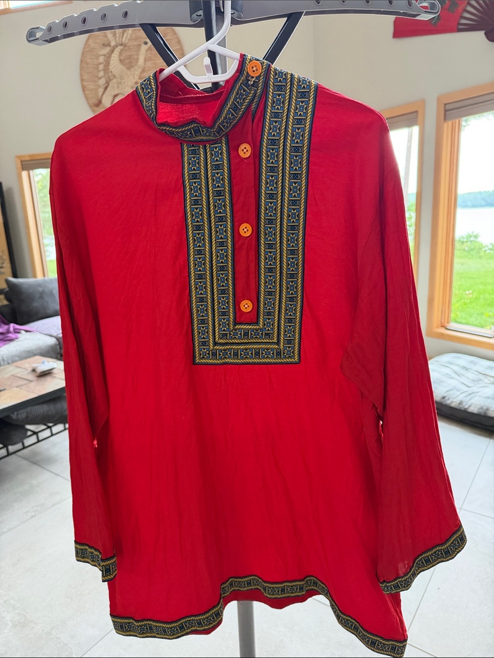 Russian Traditional Shirt kosovorotka Boho Shirt Red Embroidered Tunic Blue Trim